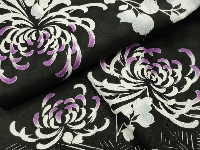 平和屋着物∴夏物　浴衣　裏菊花文　黒地　綿　逸品　CABG4034gh