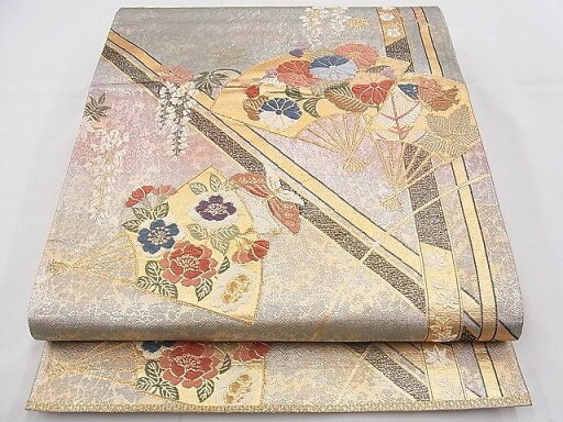 平和屋着物◎六通柄袋帯 唐織 舞蝶扇面花文 金糸 逸品 BAAE9324hz 平和屋着物◎六通柄袋帯 唐織 舞蝶扇面花文 金糸 逸品 BAAE9324hz