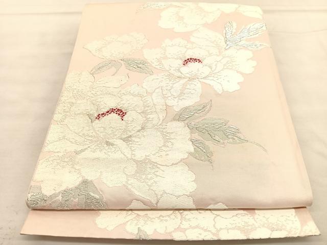 平和屋着物◎六通柄袋帯　唐織　牡丹　銀糸　正絹　逸品　BAAU5607hv