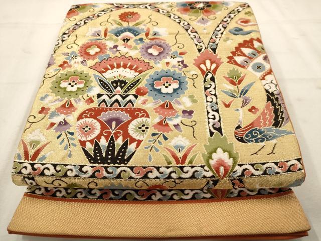 平和屋着物◎六通柄袋帯　唐織　更紗花文　金糸　正絹　逸品　AAAV9747dt