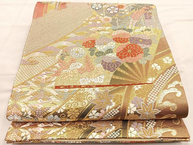 平和屋着物◎六通柄袋帯　唐織　扇面花文　金糸　正絹　逸品　BAAO3117if
