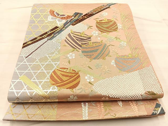 平和屋着物◎六通柄袋帯　唐織　糸巻扇花蝶文　金銀糸　正絹　逸品　BAAQ6385if