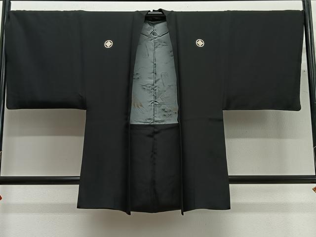 Kimono - 平和屋着物∞男性　長羽織　黒紋付　羽裏：鷹　正絹　逸品　CABG3676ua