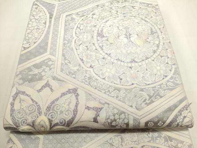 平和屋着物■六通柄袋帯　向かい鳥花文　銀糸　正絹　逸品　DAAR7628sf