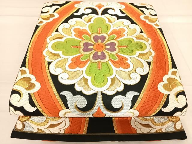 平和屋着物◎六通柄袋帯　唐織　立涌花文　黒地　金銀糸　正絹　逸品　AABE3623yx