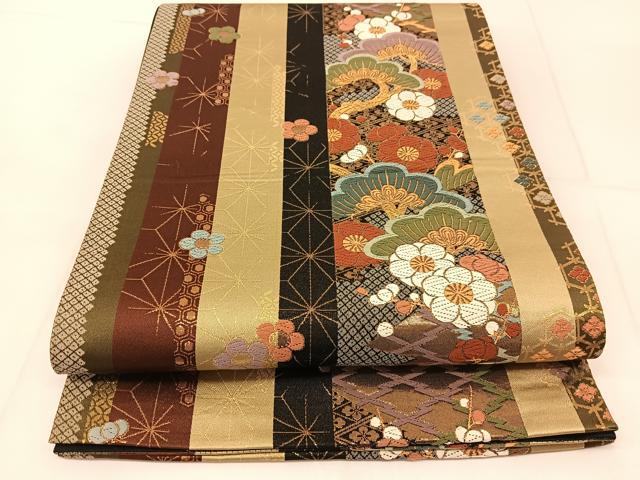 平和屋着物◎両面　六通柄袋帯　唐織　松梅間道　金糸　正絹　逸品　BAAU2262yc