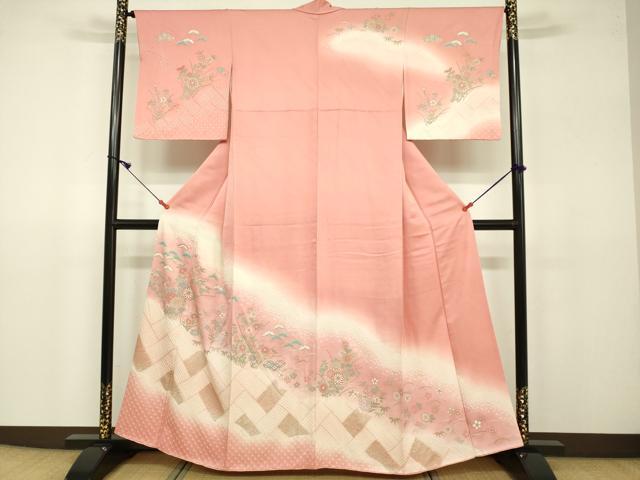 Full-Length Under-Kimono - 平和屋着物●訪問着　絞り　吉祥草花文　暈し染め　金彩　正絹　逸品　DAAV3113du