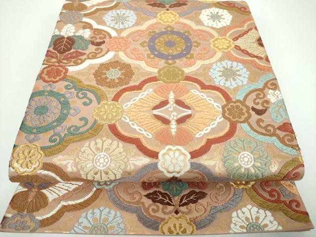 平和屋着物●六通柄袋帯　唐織　菱七宝菊章文　金糸　正絹　逸品　DABB4072ps