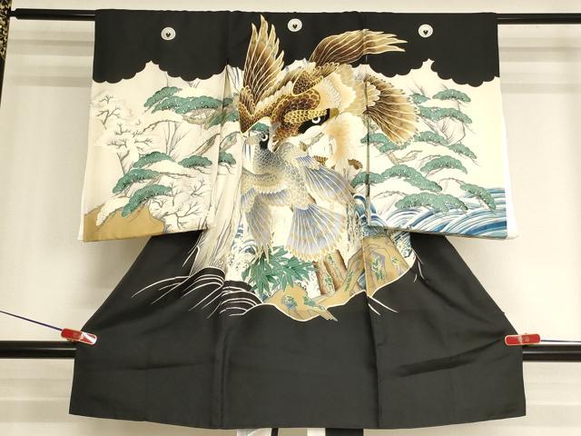 平和屋着物[]お宮参り　男の子　祝着　産着　初着　のしめ　刺繍　鷹　松　金銀糸　金彩　逸品　AABJ5351ja
