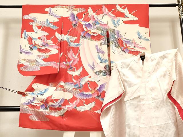 平和屋着物[]七五三　女の子　3歳　祝着　三つ身　長襦袢(袷)セット　群れ鶴　金銀彩　逸品　DABC5163ma