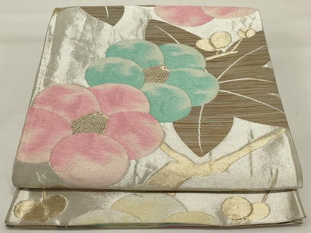 平和屋着物◎六通柄袋帯 椿 金銀糸 正絹 逸品 AABI6832ou