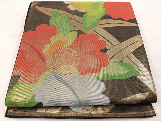 平和屋着物◎六通柄袋帯 草花文 黒地 金糸 正絹 逸品 BAAT9461mz