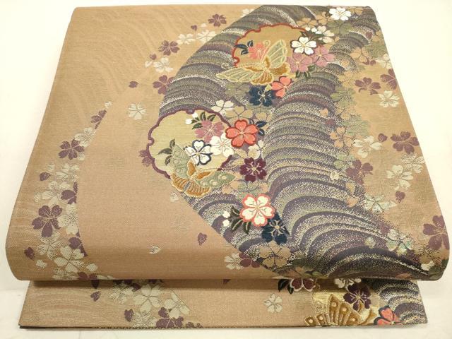 Yukata Obi - 平和屋着物◎六通柄袋帯　唐織　雪輪花蝶文　金糸　正絹　逸品　DAAZ1926xg