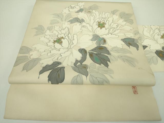 平和屋着物●塩瀬　九寸名古屋帯　作家物　手描き　牡丹　金彩　正絹　逸品　DABB7695op