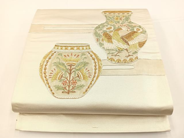 平和屋着物◎西陣　岡文織物　太鼓柄袋帯　総刺繍　駒刺繍　陶器花鳥文　銀糸　正絹　逸品　BAAS2328jr