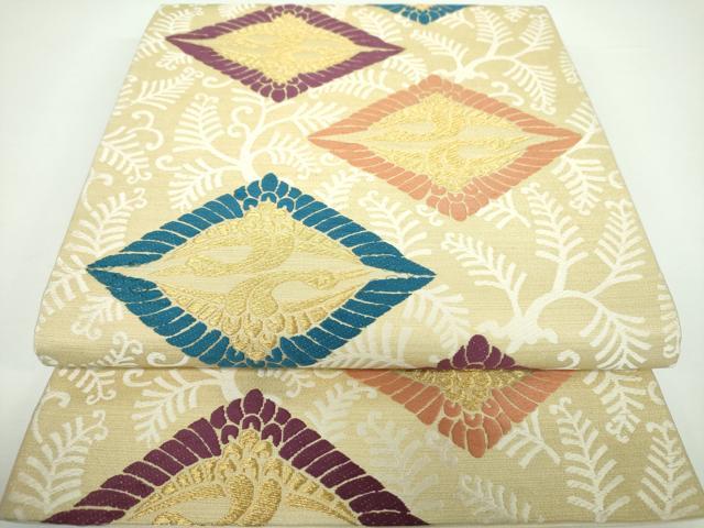 平和屋着物●俵屋　人間国宝　喜多川平朗 有職織物　九寸開き名古屋帯　唐織　双鶴菱　金糸　正絹　逸品　DAAV6942ps