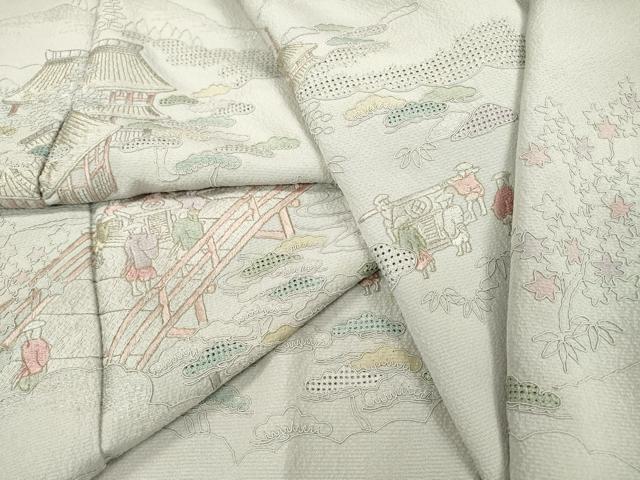 平和屋着物▼中国三大刺繍 スワトウ刺繍 汕頭刺繍 相良刺繍 総刺繍 色留訪問着 人物風景 暈し染 金糸 正絹 逸品 DABB1232fe