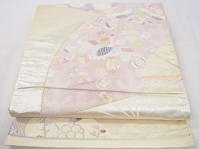 平和屋着物◎六通柄袋帯　扇面宝尽くし飛鶴花文　金銀糸　逸品　DAAA6342ya
