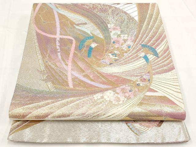 平和屋着物◎六通柄袋帯　流水孔雀花文　金銀糸　正絹　逸品　AAAO6871st