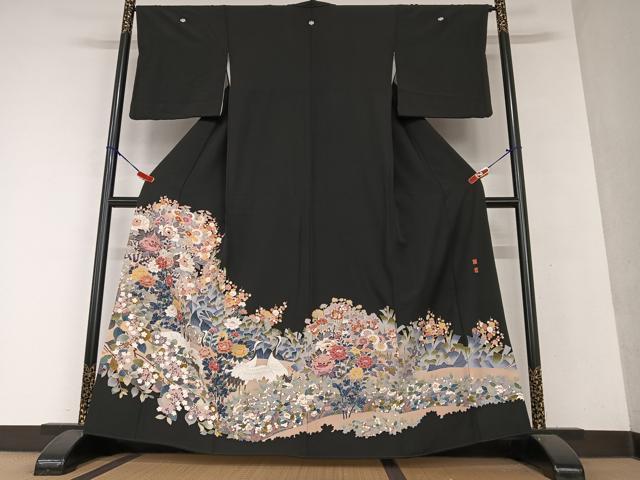 平和屋着物●豪華黒留袖 友禅 作家物 群鶴花文 暈し染め 正絹 逸品 AAAY0121zg