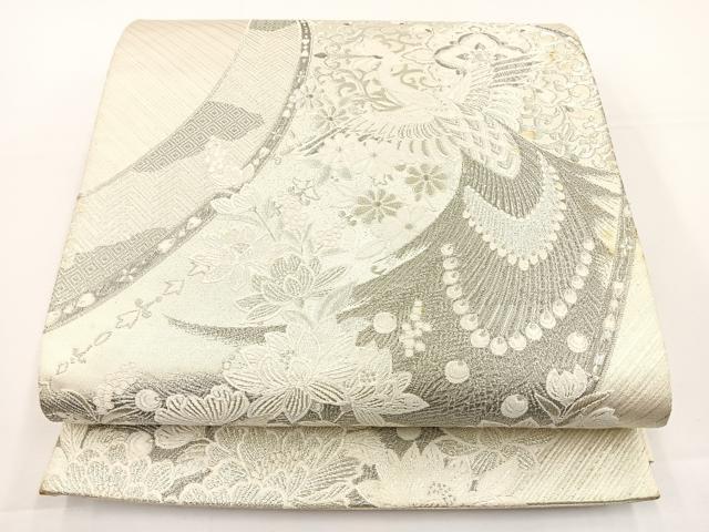 平和屋着物◎六通柄袋帯 唐織 孔雀花文 銀糸 正絹 逸品 BAAS2330jr
