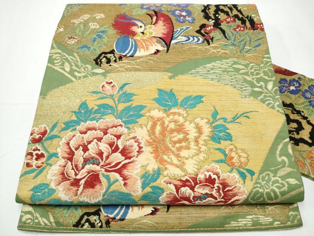 平和屋着物●アンティーク　大正ロマン　九寸名古屋帯　鴛鴦花文　金糸　正絹　逸品　CAAY2440hy
