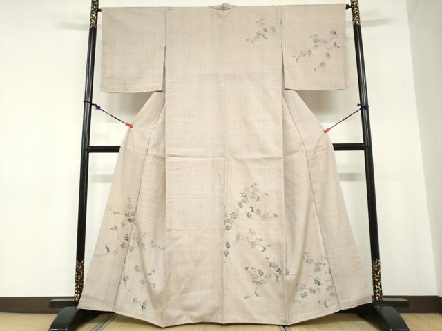 乐天商城 - 平和屋着物●訪問着　紬地　手描き　草花文　正絹　逸品　DABC2242ud