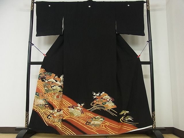 平和屋着物■豪華黒留袖 立波扇面草花文 暈し染め 金彩 逸品 DAAA0864ea