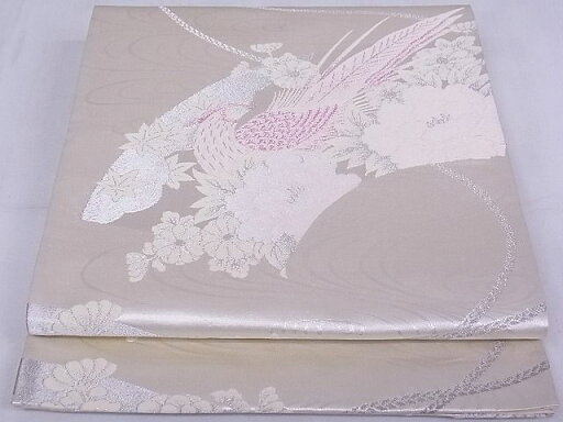 平和屋着物◎六通柄袋帯 唐織 尾長鳥花文 銀糸 正絹 逸品 AAAI2938Aru 平和屋着物◎六通柄袋帯 唐織 尾長鳥花文 銀糸 正絹 逸品 AAAI2938Aru