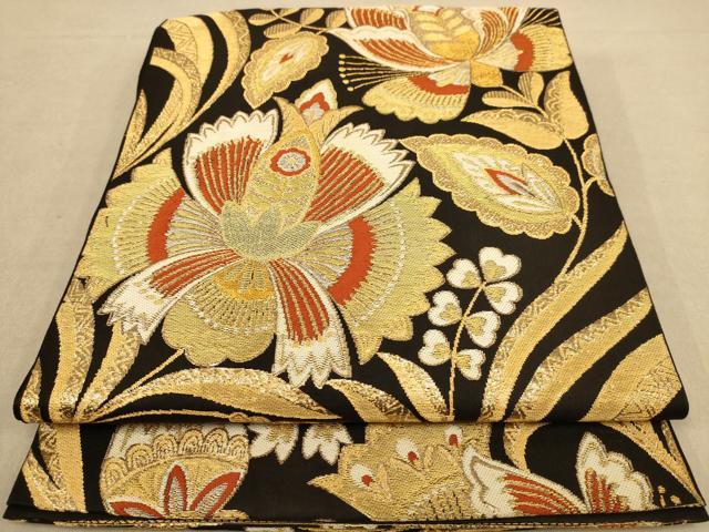 平和屋着物◎六通柄袋帯　更紗花文　黒地　金糸　正絹　逸品　AAAZ5807dt