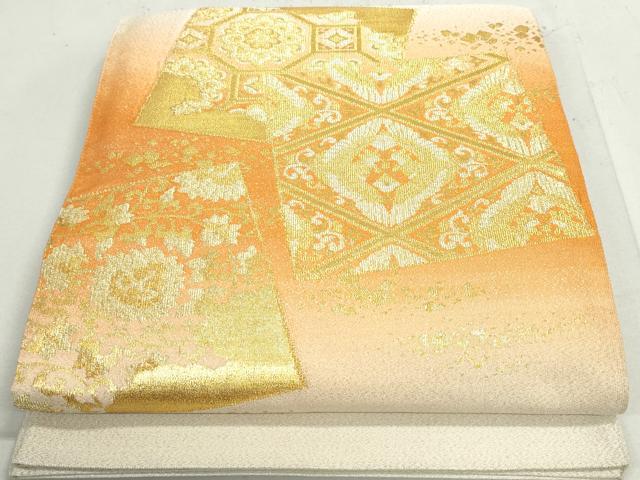 平和屋着物◎綴れ　太鼓柄袋帯　向かい鶴更紗花文　金糸　正絹　逸品　DAAY4747qa