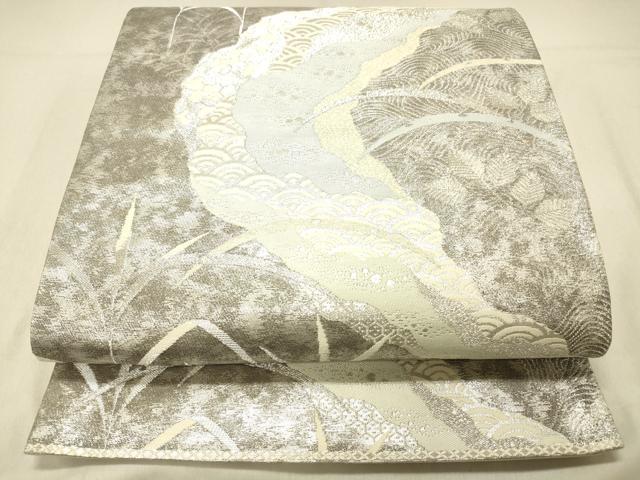 平和屋着物◎六通柄袋帯 流水草葉文 銀糸 正絹 逸品 DABA0995cm