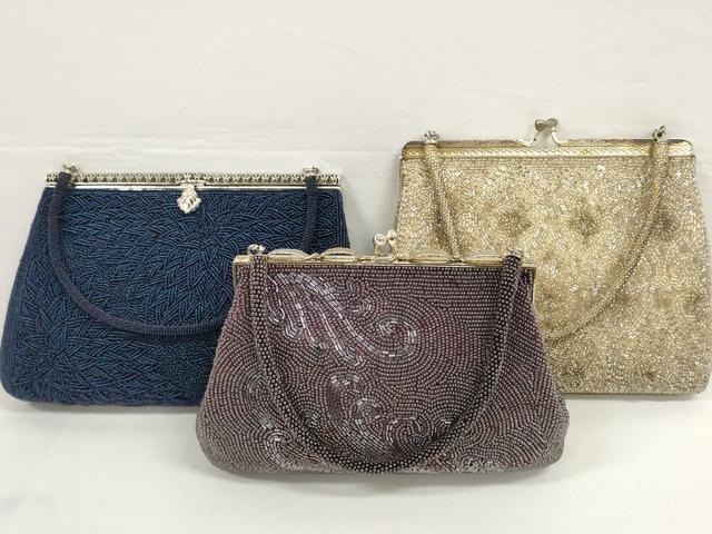 平和屋着物▼和装小物 ビーズバッグまとめて3点 持ち手付き がま口 波飛沫 洋花文 菊 レトロ 逸品 DABC1177zzz