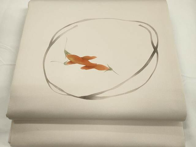 平和屋着物●塩瀬　九寸開き名古屋帯　手描き　唐辛子　金糸　正絹　逸品　CAAX9535yk