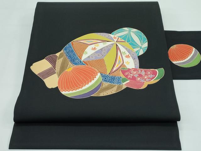 平和屋着物■極上　塩瀬　九寸名古屋帯　作家物　花毬文　黒地　逸品　未使用　CZAA3700s5