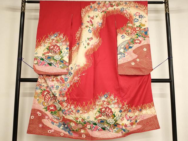 平和屋着物[]七五三 女の子 7歳 祝着 四つ身 花蝶文 暈し染め 金彩 逸品 AABI2662ja