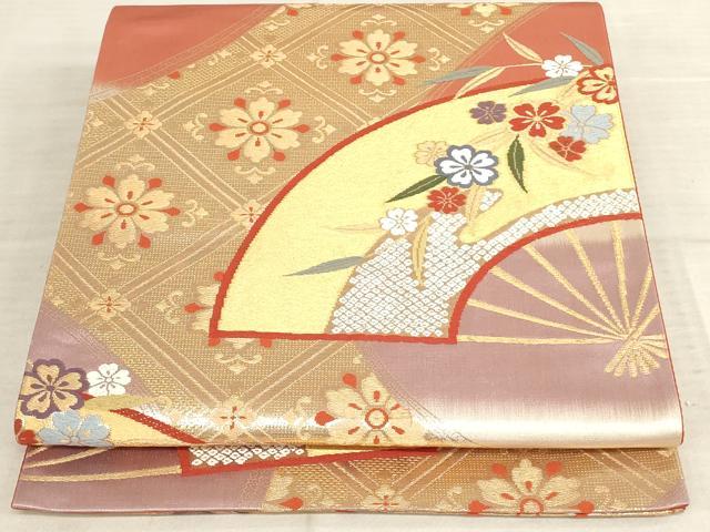 平和屋着物◎六通柄袋帯　扇面花文　金糸　正絹　逸品　AAAL3282ru