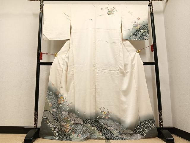 平和屋着物●訪問着　駒刺繍　雪輪花車文　暈し染め　金彩　正絹　逸品　AABG4109ph