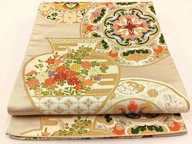 平和屋着物◎六通柄袋帯 唐織 花絵皿 金銀糸 正絹 逸品 BAAT9751hj