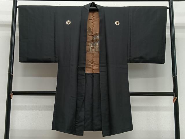 Other - 平和屋着物∞男性　長羽織　黒紋付　羽裏：風景文　正絹　逸品　CABE4833ua