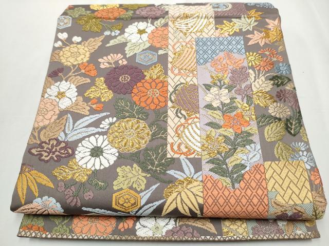 平和屋着物●六通柄袋帯　唐織　短冊糸巻き花文　金糸　正絹　逸品　CABA4936hy