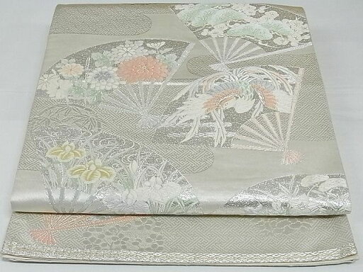 平和屋着物◎六通柄袋帯 唐織 扇面鳳凰花文 銀糸 正絹 逸品 AAAE6792Abw 平和屋着物◎六通柄袋帯 唐織 扇面鳳凰花文 銀糸 正絹 逸品 AAAE6792Abw