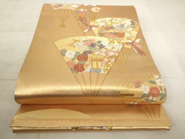 平和屋着物◎六通柄袋帯　扇面御所車花鳥文　金糸　正絹　逸品　AAAL6587tg