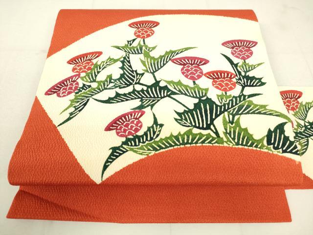 平和屋着物●和染紅型 栗山紅型 栗山吉三郎 九寸名古屋帯 型染 地紙草花文 正絹 逸品 DAAW4473cm