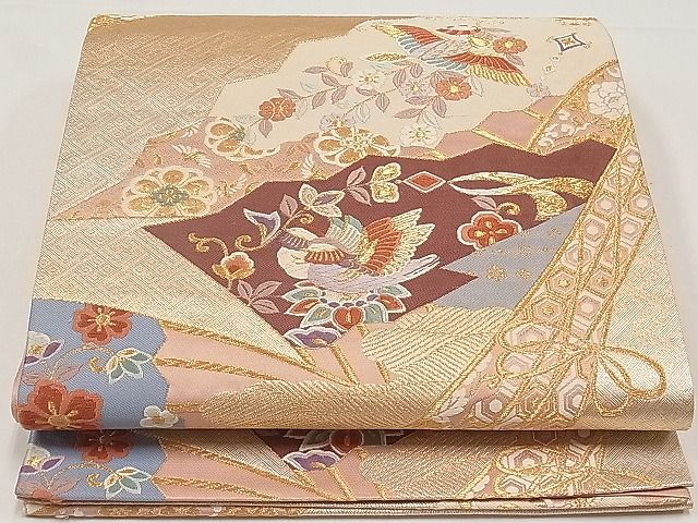平和屋着物◎六通柄袋帯　唐織　扇面花鳥文　金糸　逸品　CAAB7002ca