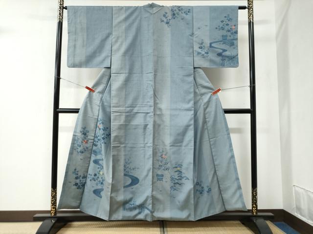 平和屋着物●人間国宝　五代　田畑喜八　訪問着　紬地　刺繍　竜田川文箱花文　正絹　逸品　CABB4442yc