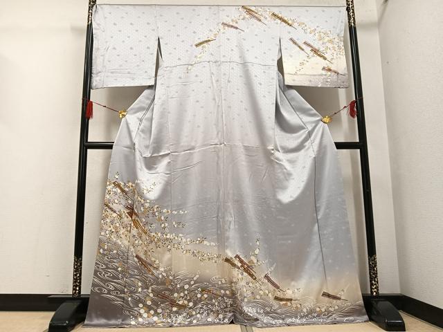 平和屋着物●訪問着　駒刺繍　舞扇花文　暈し染め　金彩　正絹　逸品　AABG4848ph