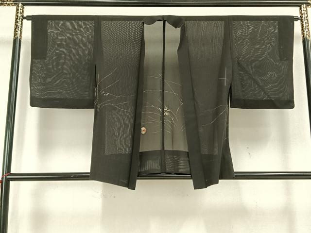 Haori - 平和屋着物▽羽織　絽　スリーシーズン　春夏秋　塵除け　草葉文　黒地　正絹　逸品　AAAW1411fy