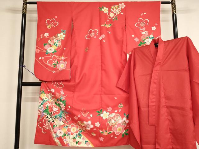 平和屋着物[]七五三　女の子　7歳　祝着　四つ身　長襦袢（単衣）セット　花車文　金彩　AABI2663ja