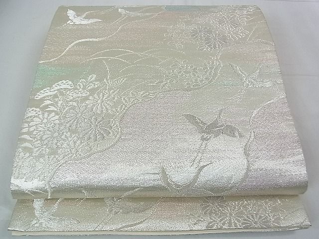平和屋着物■六通柄袋帯　飛鶴草花文　銀糸　逸品　DAAB0235ud